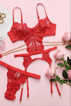 Elegant Red Lingerie Set with Crochet Flower Chain and Garter