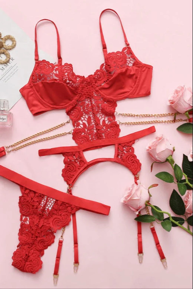 Elegant Red Lingerie Set with Crochet Flower Chain and Garter