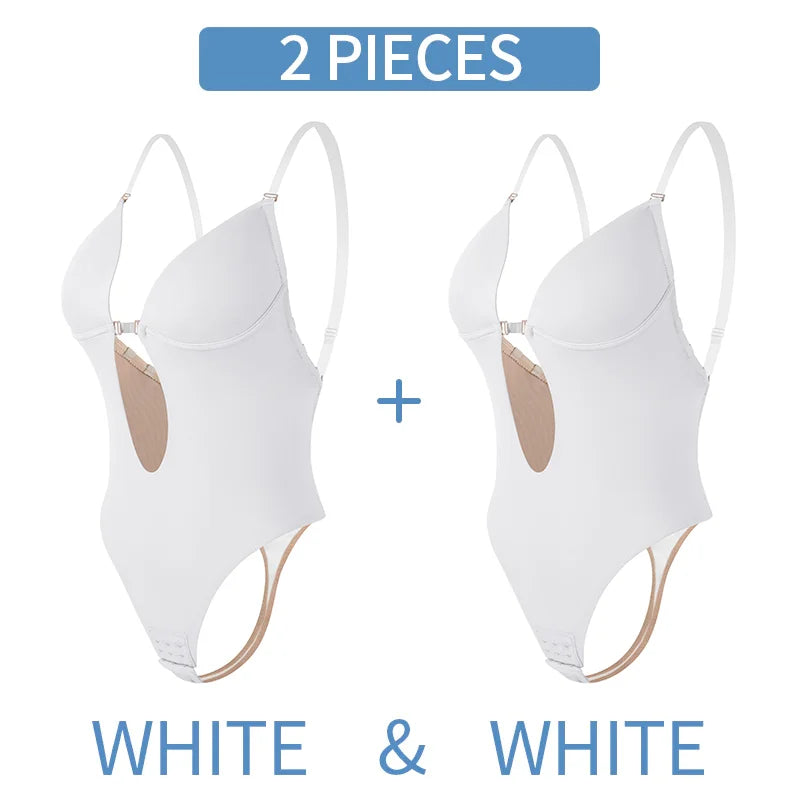Deep V-Neck Backless Bodysuit Shapewear with Clear Straps and Padded Push-Up Corset for Women