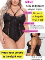 Plus Size Eyelash Lace Bodysuit with Snap Crotch - Elegant Lingerie for Night Out