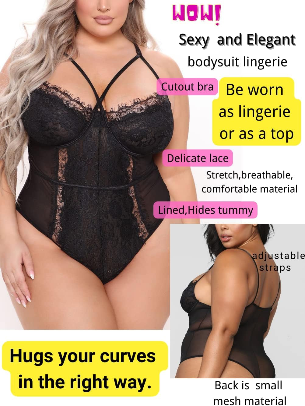 Plus Size Eyelash Lace Bodysuit with Snap Crotch - Elegant Lingerie for Night Out