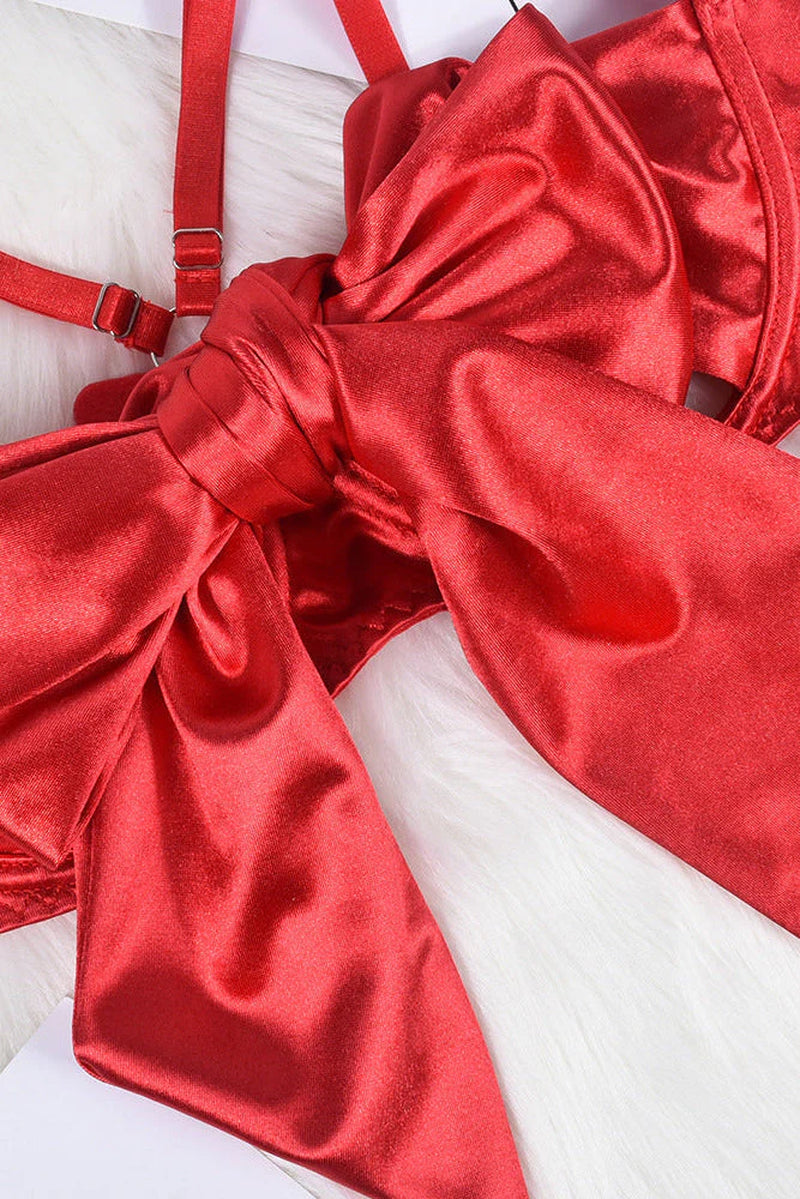 Seductive Red Satin Bow Strappy Garter Lingerie Set for Women - Unleash Your Inner Goddess