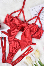 Seductive Red Satin Bow Strappy Garter Lingerie Set for Women - Unleash Your Inner Goddess