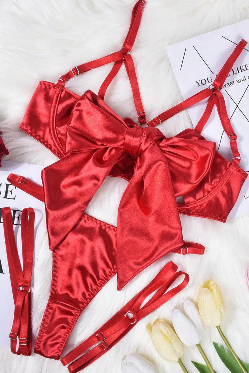 Seductive Red Satin Bow Strappy Garter Lingerie Set for Women - Unleash Your Inner Goddess