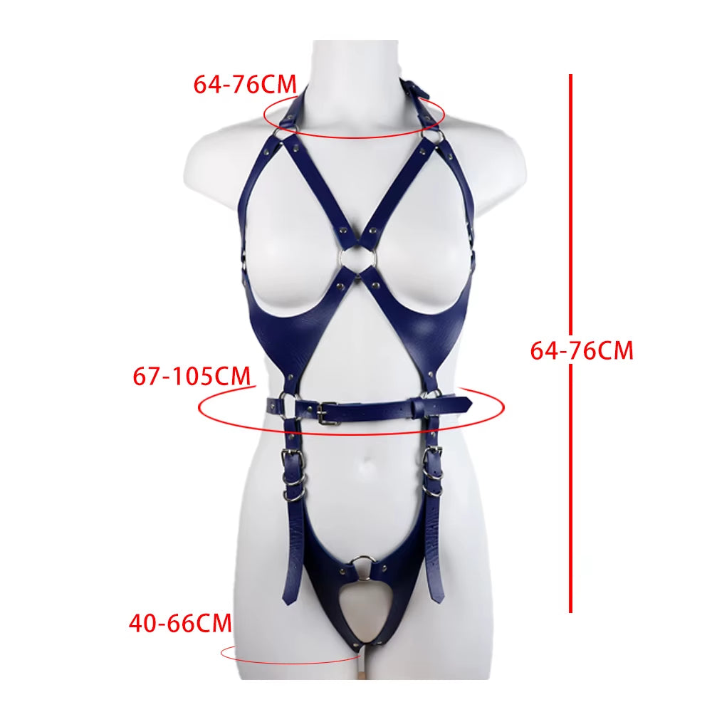 PU Leather Women's Harness Bra with Garter and Stockings - Gothic Intimate Apparel for Rave and Fetish Wear