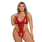 Plus Size Lace Crotchless Bodysuit for Women - Sexy Hollow Bra and Deep V Babydoll Teddy Set