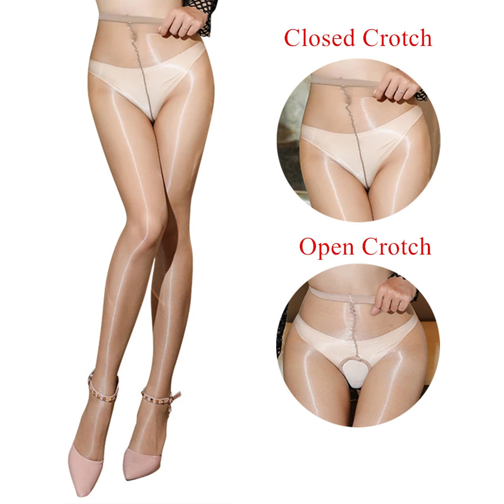 Summer Sheer Women's Pantyhose with Shiny Finish and Crotchless Design - Elegant Glitter Stockings and Nylon Hosiery