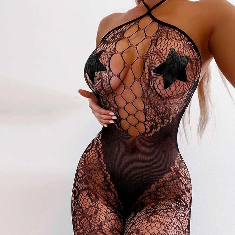 Seductive Black Crotchless Bodystockings for Women - High Mesh Floral Print Full Body Tights