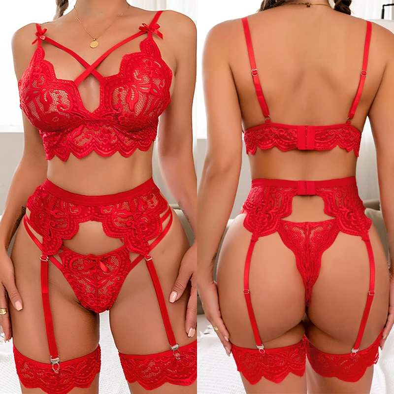 Sexy Bow Exotic Sets Hollow Out Women'S Underwear Erotic Cut-Out Sexy Lingerie Bra Panty and Garters Lingerie Set Lenceria Mujer