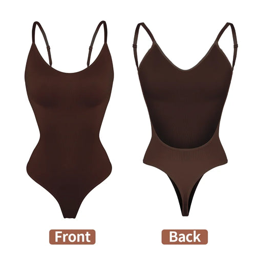 Deep V-Neck Backless Bodysuit Shapewear with Clear Straps and Padded Push-Up Corset for Women