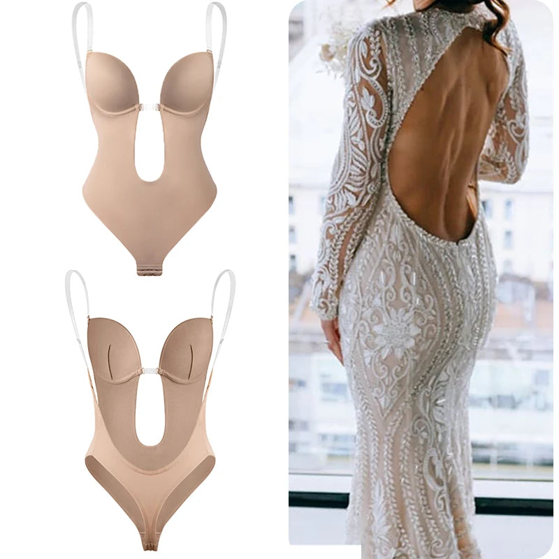 Deep V-Neck Backless Bodysuit Shapewear with Clear Straps and Padded Push-Up Corset for Women