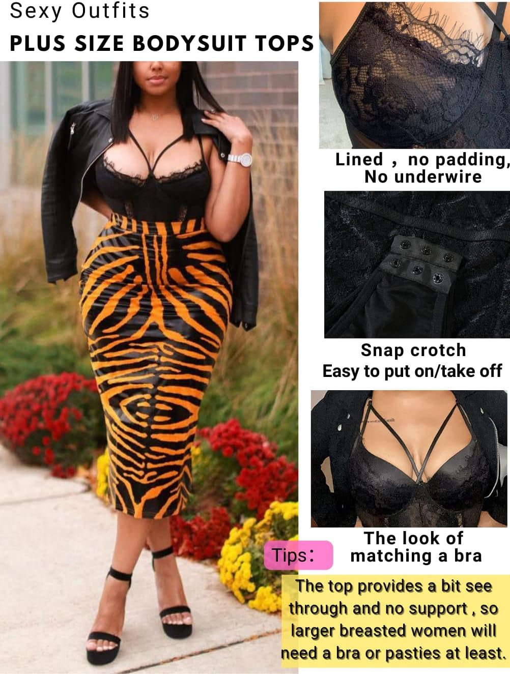 Plus Size Eyelash Lace Bodysuit with Snap Crotch - Elegant Lingerie for Night Out