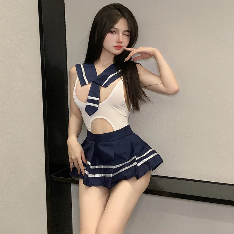 Elegant Schoolgirl-Inspired Lingerie Set with Babydoll Bodysuit and Skirt